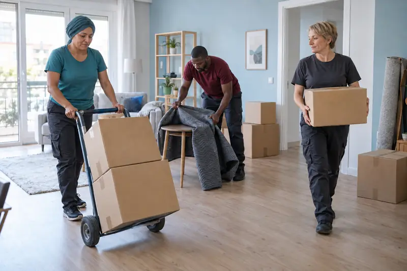 Three professionals prepare a move: they carry boxes and protect furniture.